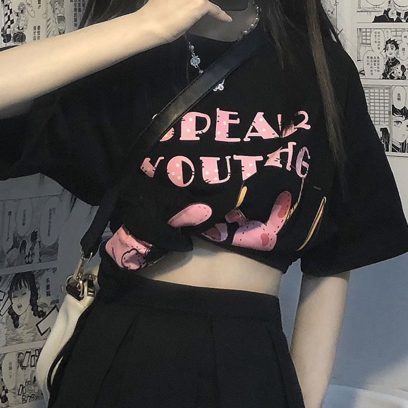 Áo Thun Đen Ngắn Tay In Hình Thỏ Hoạt Hình Phong Cách Hàn Quốc