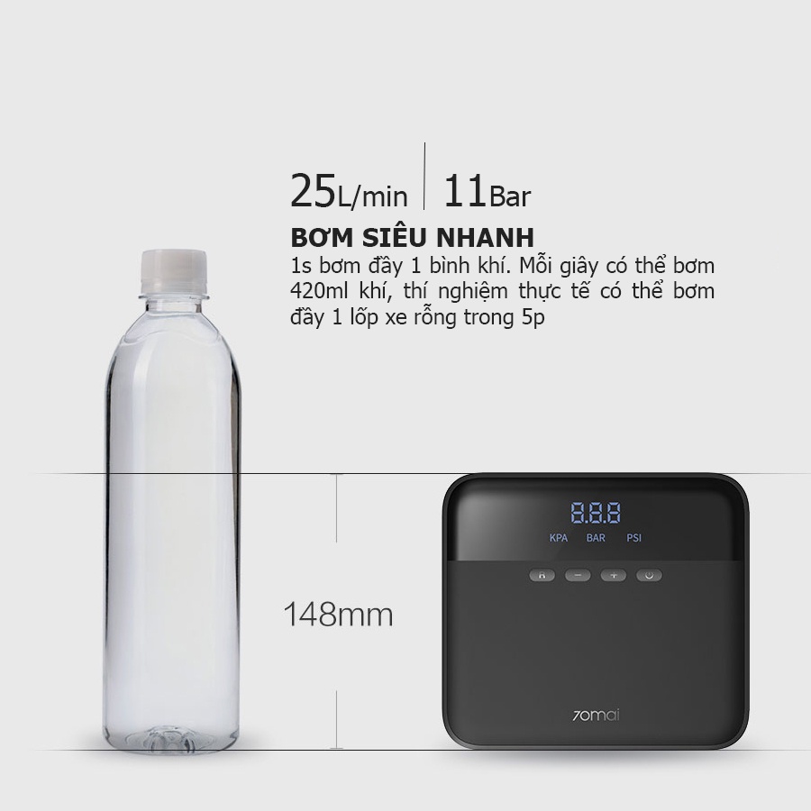 Bơm ô tô Xiaomi Mi70 Midrive TP03 Bơm điện đa năng áp suất lên đến 11Bar bơm căng trong 5 phút hàng chính hãng