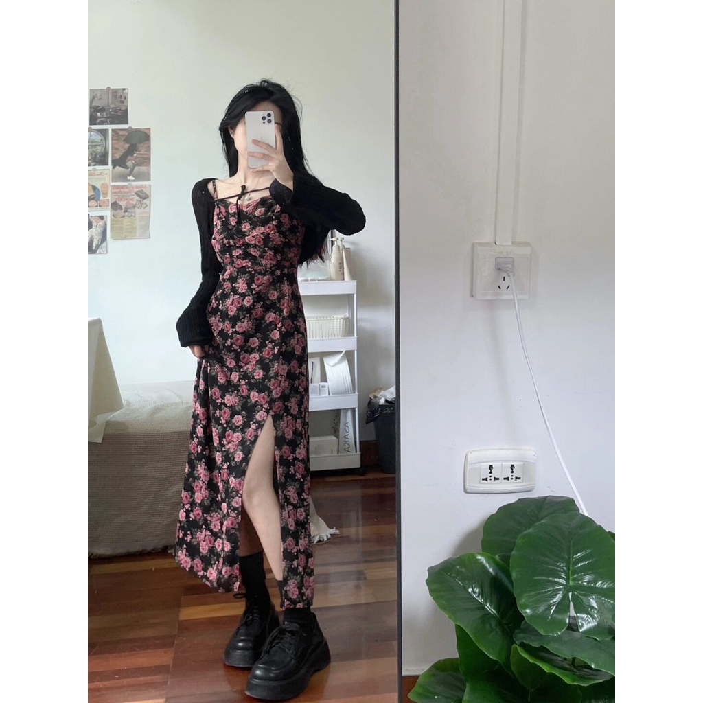 Set Đầm Hoa Hồng Và Áo Khoác Cardigan Mỏng Tay Dài Chống Nắng Phong Cách Retro Mùa Hè Cho Nữ