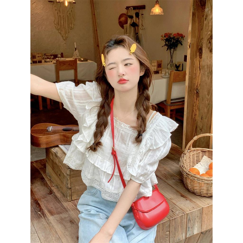 Áo Kiểu Cổ Vuông Tay Ngắn Phối Ren Phong Cách Mới 63225