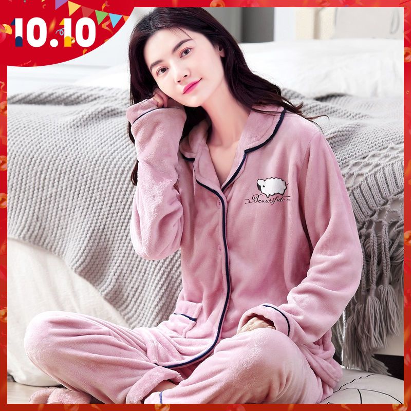 Bộ đồ ngủ vải nhung san hô dày dặn giữ ấm mùa thu đông xinh xắn cho nữ