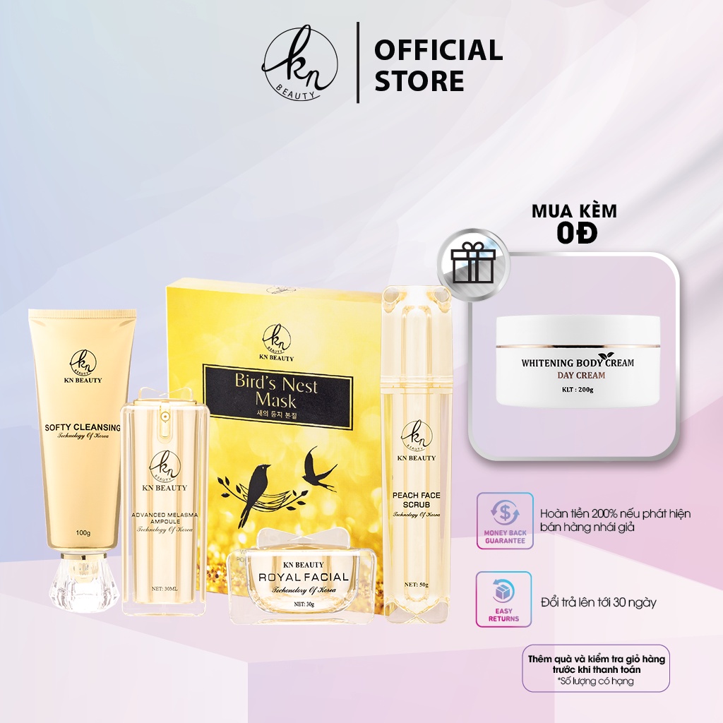 Bộ 5 sản Royal KN Beauty: Gel tẩy tế bào chết +sữa rửa mặt +tinh chất dưỡng + kem dưỡng+mặt nạ tặng Kem ủ body KN Beauty