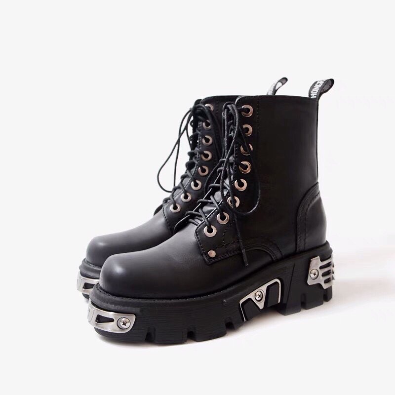 Giày da New Rock boot cao cổ đinh tán đế cao 6cm chiến boots giày nam nữ phong cách gothic