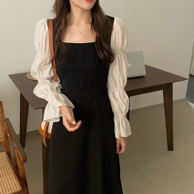 Váy Midi dáng dài thiết kế tay phồng phong cách Hàn Quốc Đầm Nữ Hoài Thương