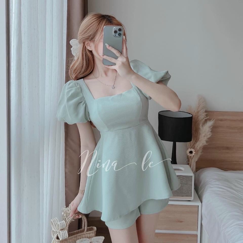 Sét bộ đùi áo tay ngắn cổ vuông áo đan dây lưng phối quần đùi siêu xinh áo có mút ngực  phối 3 màu