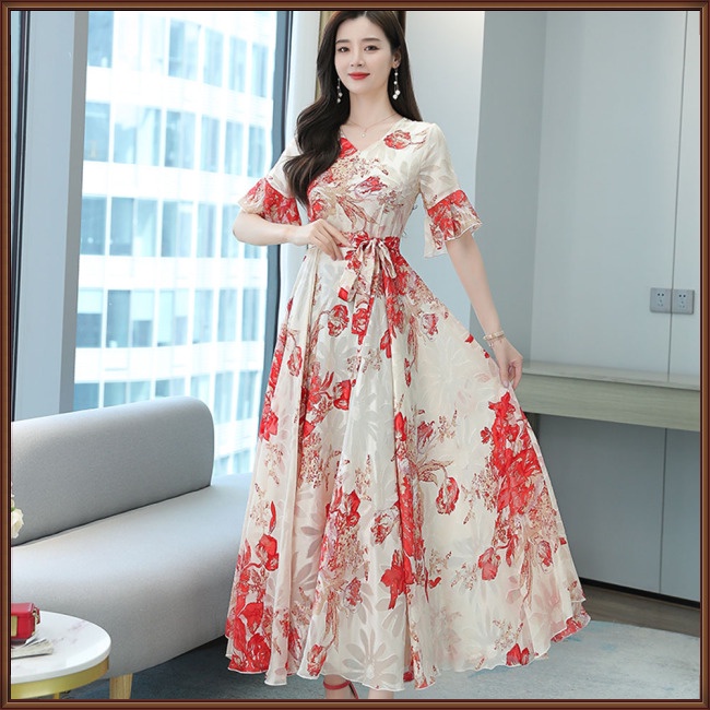 Đầm Dài Cổ Chữ V Tay Ngắn Họa Tiết Hoa Thời Trang Cho Nữ