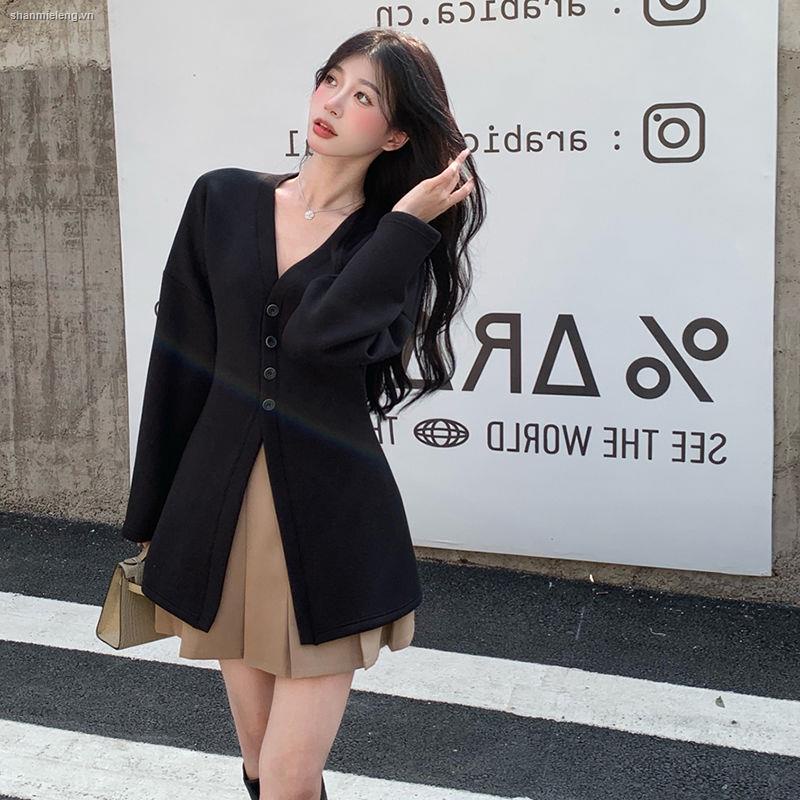Áo khoác cardigan cổ chữ v / Chân váy xếp ly kiểu Pháp mùa xuân thu duyên dáng cho nữ 2021