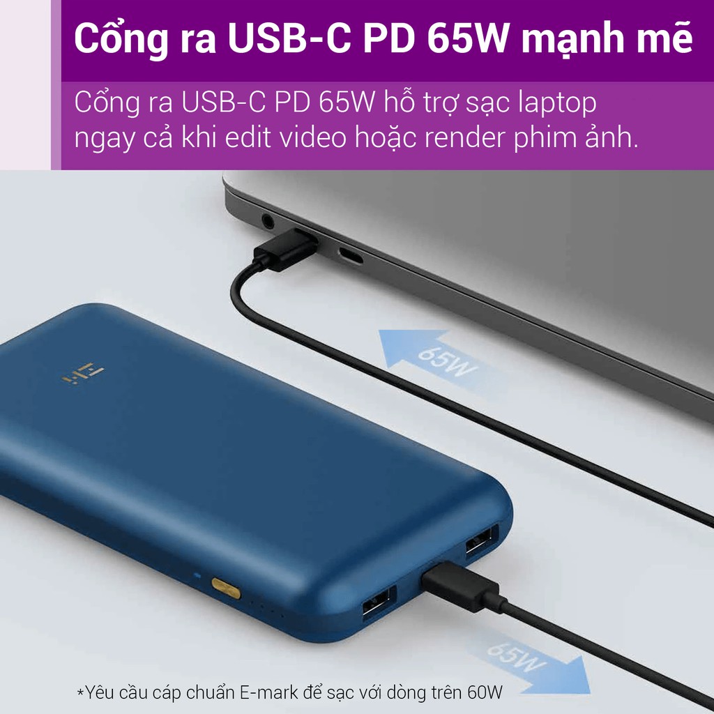 Sạc dự phòng 20000mAh Zmi công suất 65W TYPE-C USB-C PD - PPS - Sạc nhanh iPhone XS Max, 11 Pro, Samsung Note 10+,...