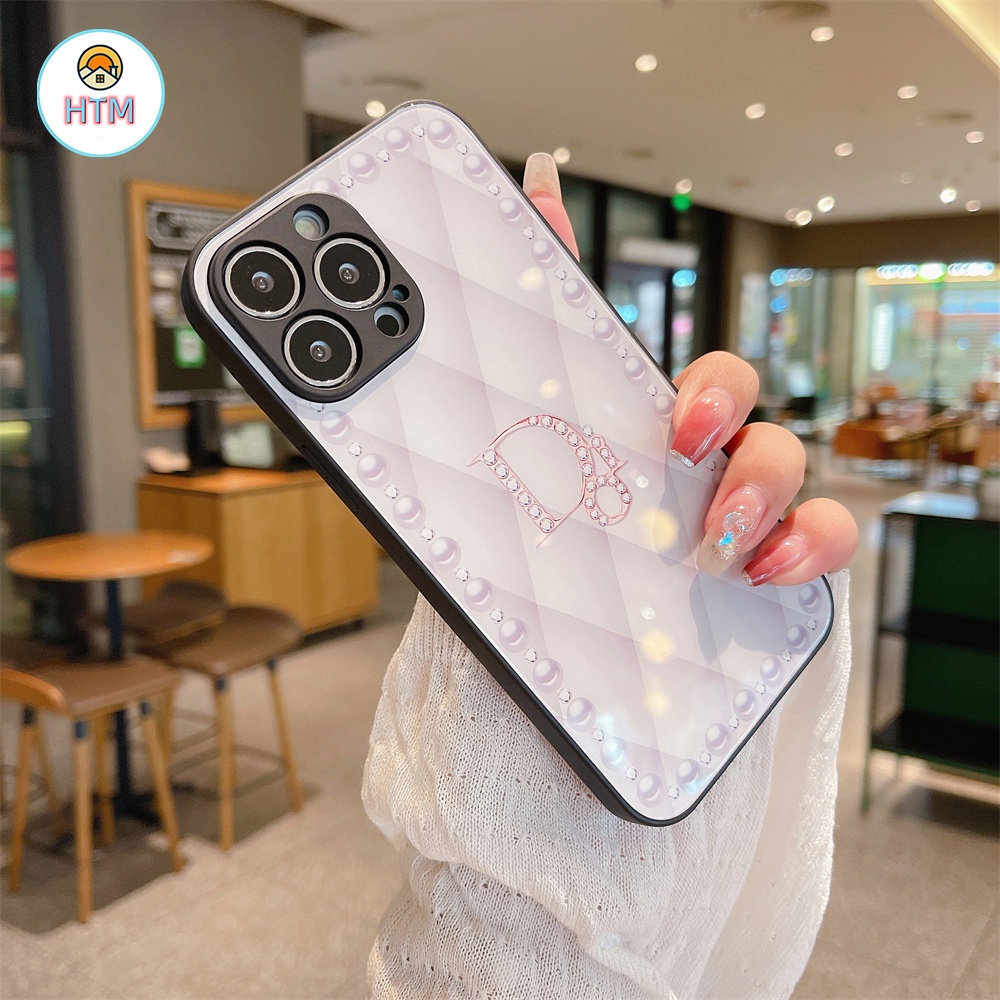 Ốp Điện Thoại Mặt Kính Viền Vuông Đính Ngọc Trai Sang Trọng Cho iPhone 13 12 11 Pro Max Promax XS Max
