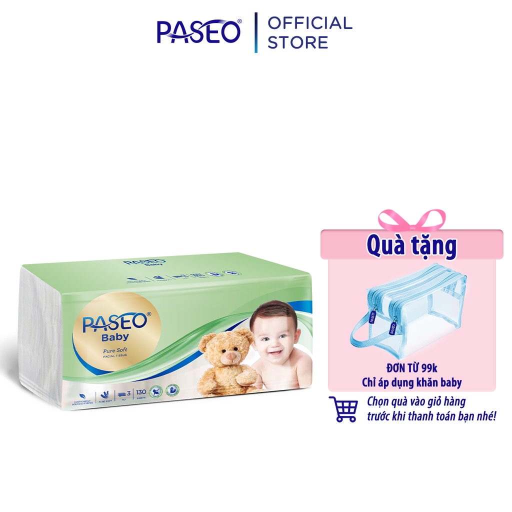 [Mã LTP50 giảm 50K đơn 150K] Khăn giấy rút cao cấp Paseo baby siêu mềm mại dành cho em bé (50-130 tờ 3 lớp)/gói