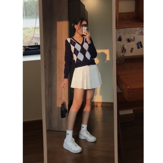 Cardigan kẻ caro xanh