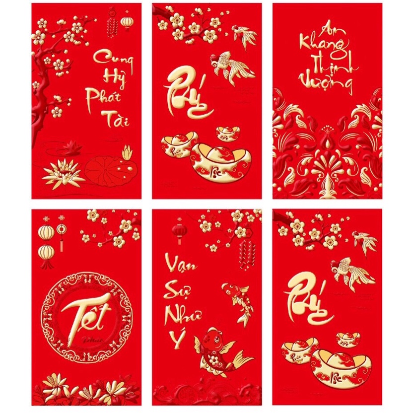 Bao Lì xì tết Giáp Thìn 2024- Set 6 Bao Lixi Tết độc Lạ màu Đỏ-Vàng in kim chữ nổi 3D truyền thống giá sỉ