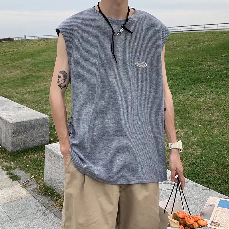 Áo Sweater Dệt Kim Sát Nách Dáng Rộng Màu Sắc Đơn Giản Phong Cách Harajuku Cho Nam