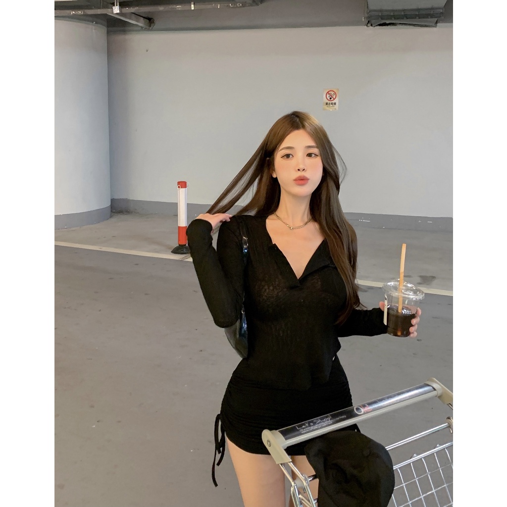 Set áo thun dài tay mùa thu ôm body đuôi tôm+ Chân váy thun rút dây nhăn nhún sexy Hong Kong