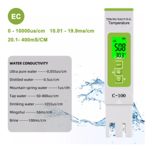 Máy kiểm tra chất lượng nước kỹ thuật số yieryi 5 trong 1 Tds/Ec/sg/độ mặn/nhiệt độ cho bể bơi bể cá nước uống