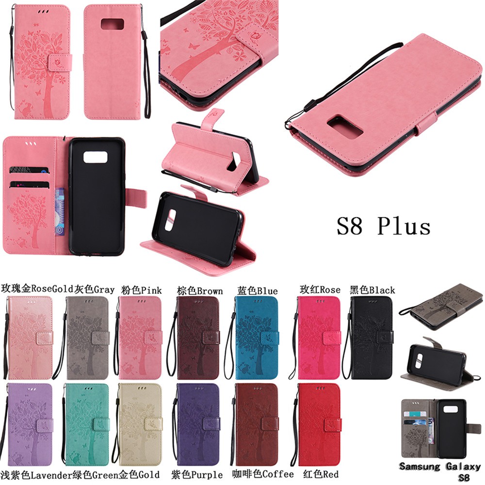 Bao da điện thoại nắp lật họa tiết cây/mèo dập nổi có ngăn đựng thẻ cho Samsung S8/ S8 Plus