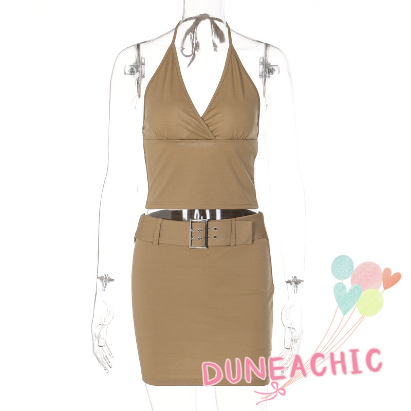 DUNEA Set Áo Yếm Hở Lưng + Chân Váy Midi Thời Trang Nữ
