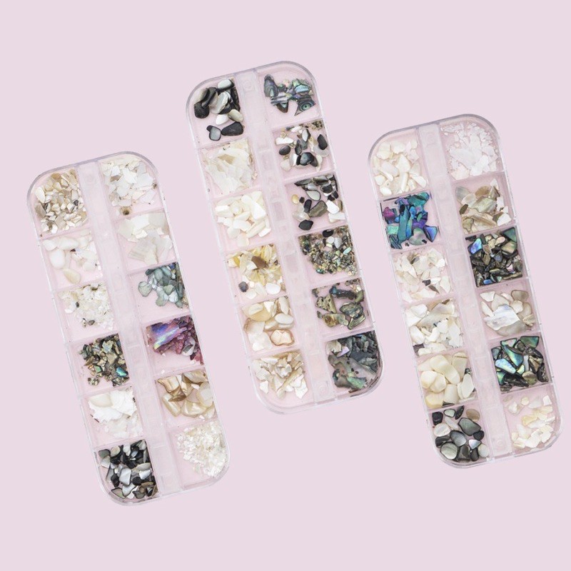 Set 12 loại đá xà cừ sỏi - xà cừ trang trí móng tay đắp gel ẩn theo phong cách Hàn Nhật