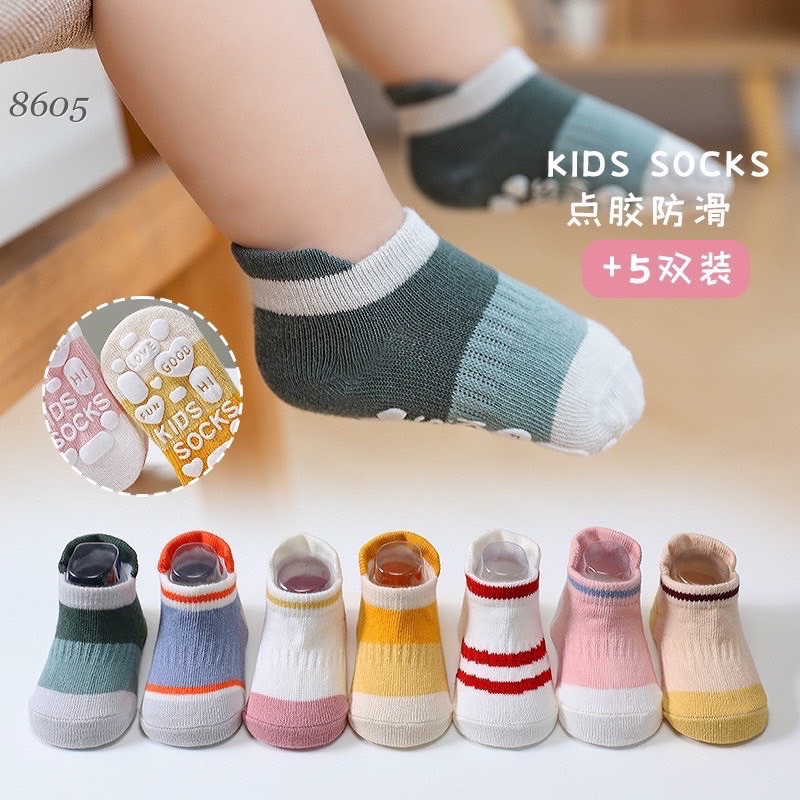 SP003332 Set 5 đôi tất trẻ em chống trượt cho bé, tất chống trơn trẻ em, tất thấp cổ bé trai bé gái, Khủng Long Rio
