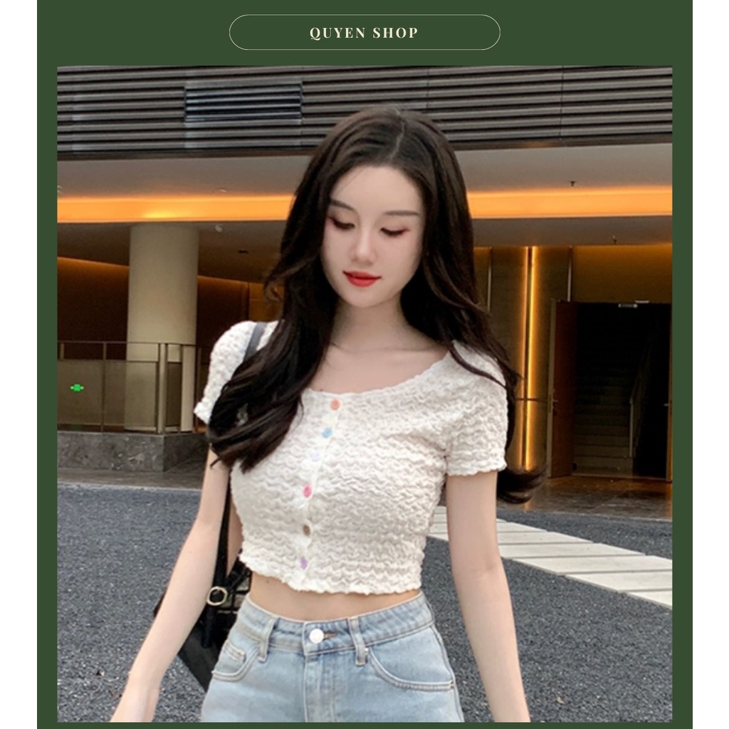 Áo Thun Xốp Croptop Nút Nhiều Màu_[Video+Ảnh Thật]