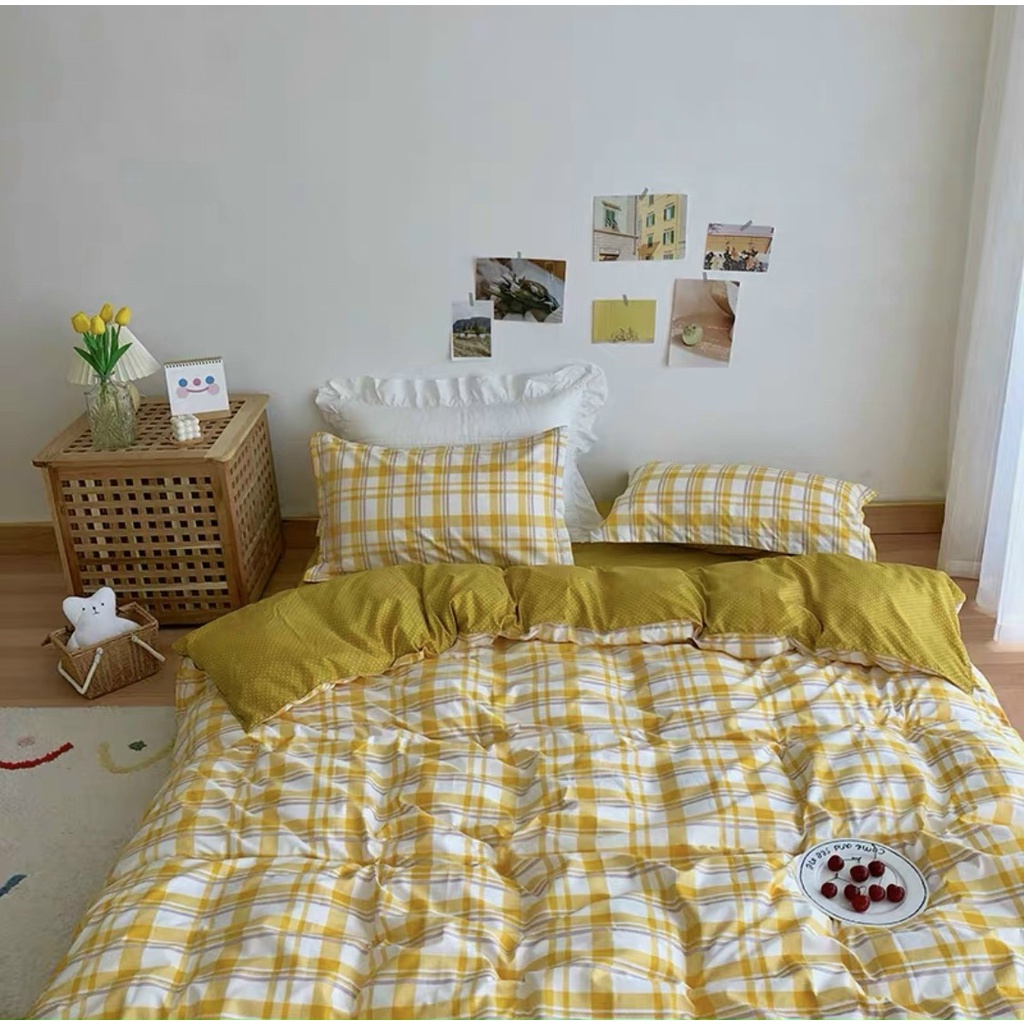 Bộ chăn ga gối Poly Cotton kẻ Hàn Quốc cho người yêu đơn giản (Tặng vỏ gối ôm) - Miễn phí bo chun