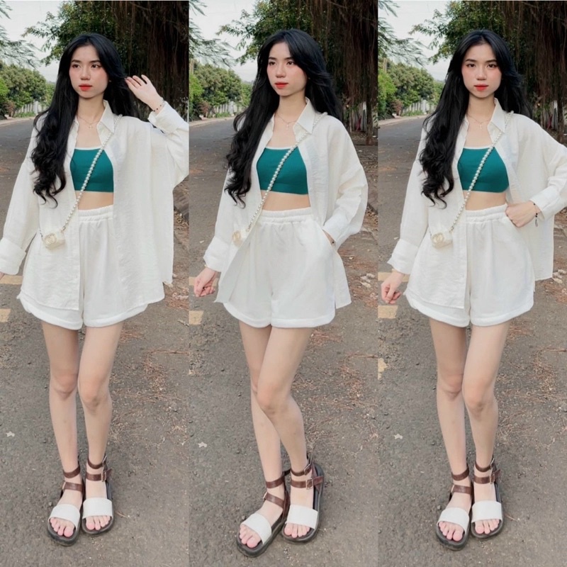 SET 3 MÓN: SƠ MI TRẮNG NGOÀI + THUN CROP XANH + QUẦN NGẮN TRẮNG
