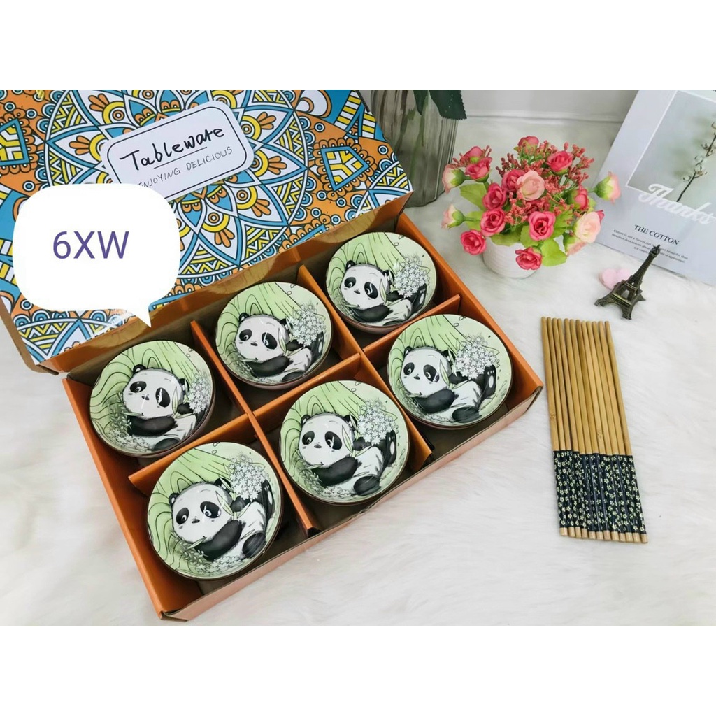 Bộ bát sứ chén đũa họa tiết thổ cẩm sang trọng 6 bát Nhật Bản ( không kèm đũa , vỏ hộp)