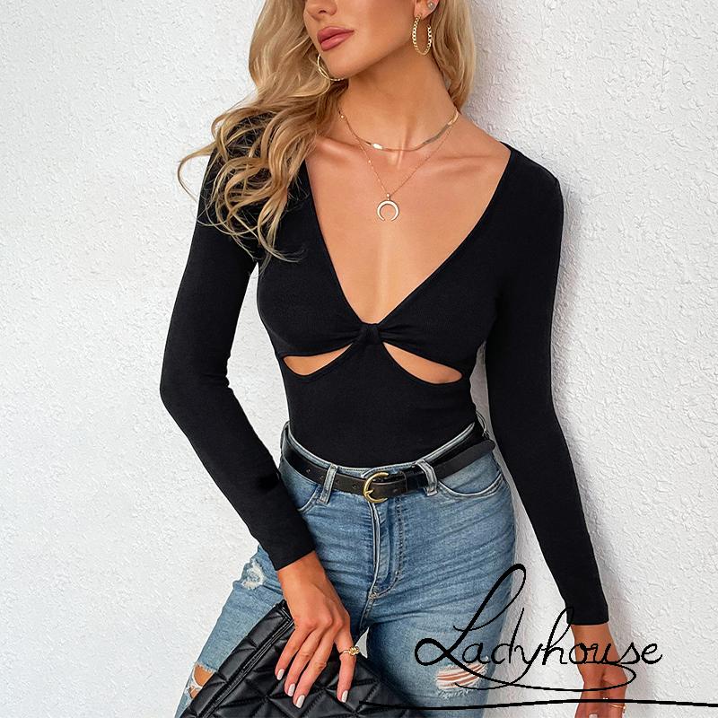 LD-Women´s T-Shirt Solid Color Long Sleeve V-Neck Design Hollow Slim Fit Versatile Casual Tops