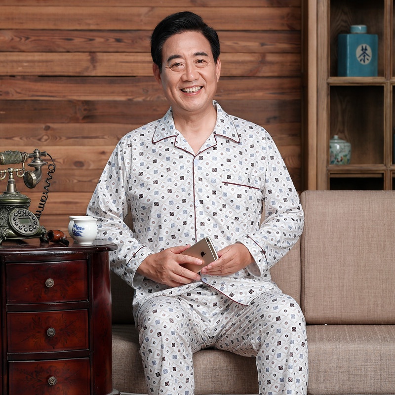 Bộ Đồ Ngủ Tay Dài Vải Cotton Plus Size Thời Trang Thu Đông Cho Nam Trung Niên