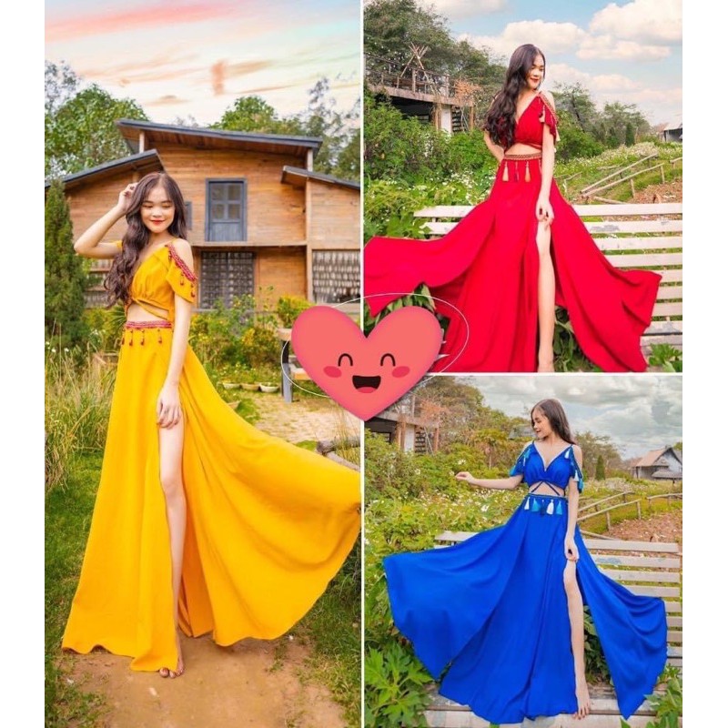 Đầm maxi thổ cẩm boho vintage váy xẻ tà sexy trễ vai tua rua xoè đẹp rẻ sống ảo