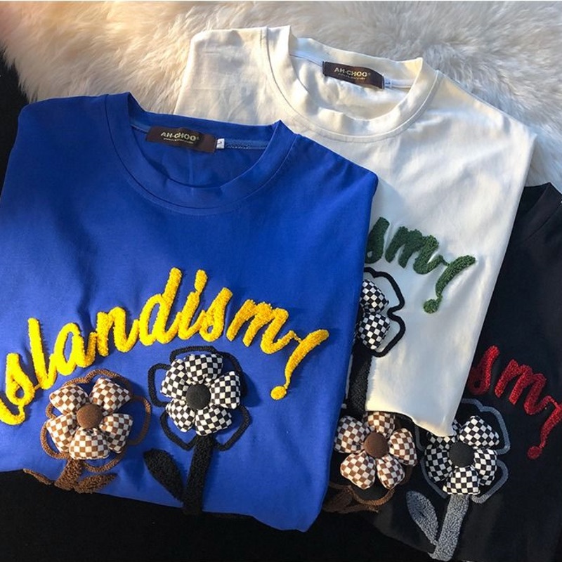 Áo Thun Ngắn Tay Thêu Họa Tiết Hoa Phong Cách Hàn Quốc Dành Cho Nữ