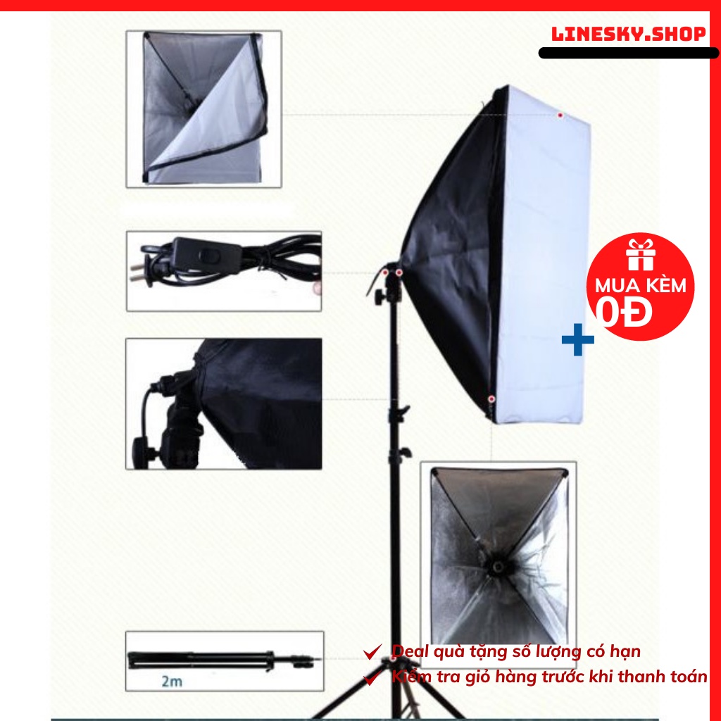 Đèn studio chụp ảnh sản phẩm, quay phim, livestream chuyên nghiệp, chân cao 2m softbox 50x70cm