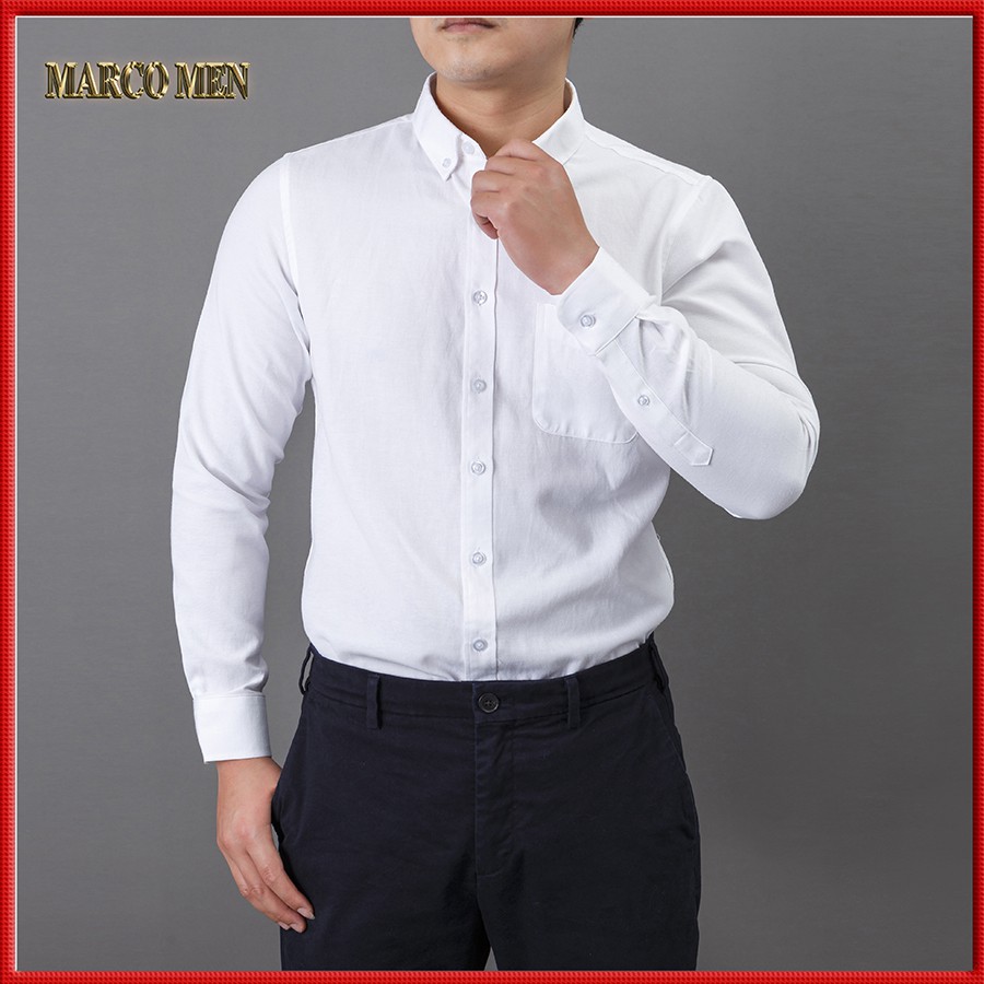 Áo sơ mi nam dài tay màu trắng dáng ôm hàn quốc vải Oxford thấm hút mồ hôi