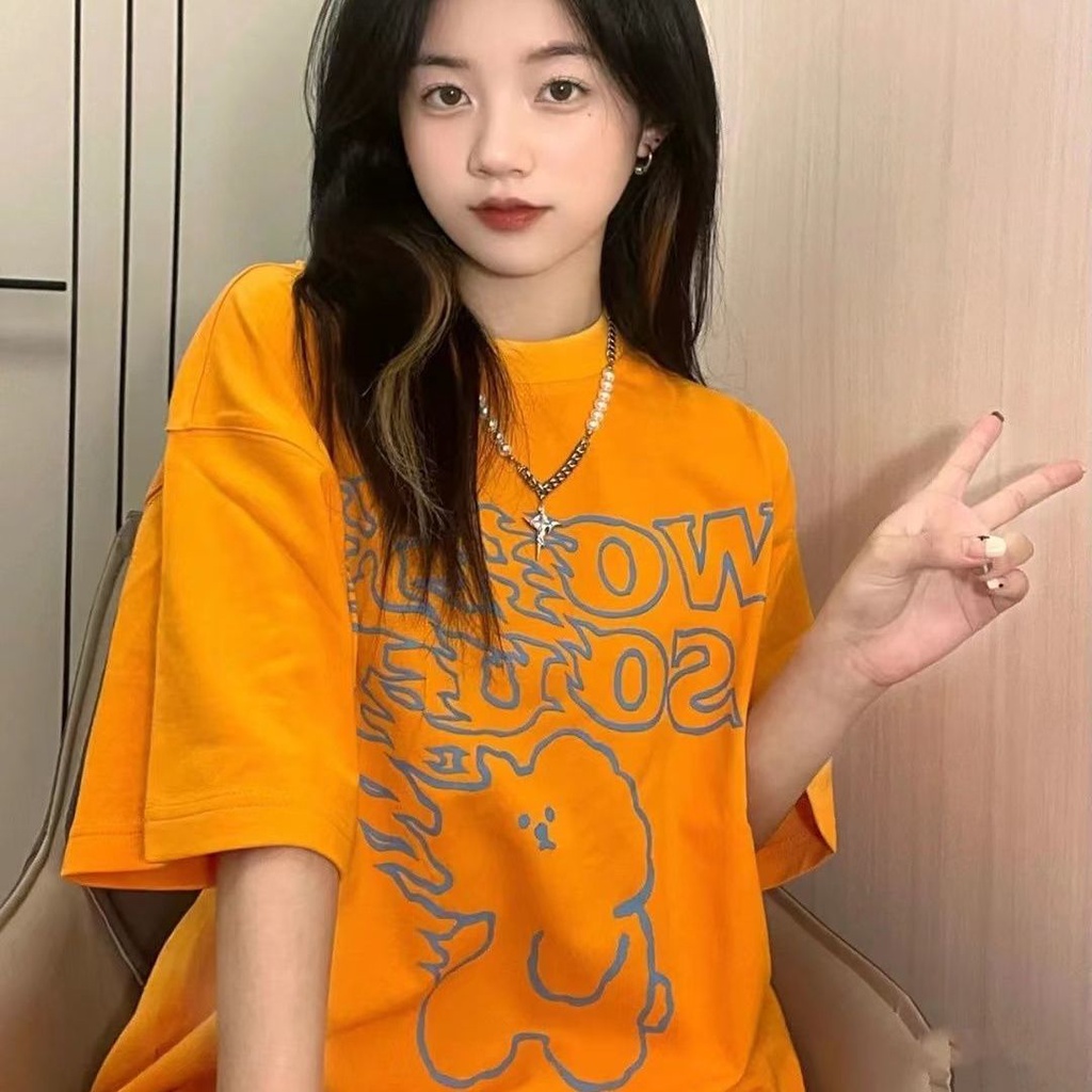 Jiashucheng Áo Thun Nữ Ngắn Tay Dáng Rộng In Hình Gấu Màu Cam Dễ Thương