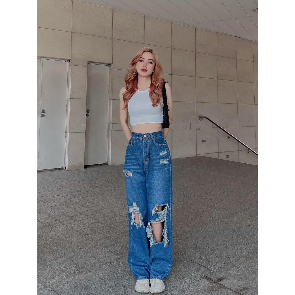 [ORTD5310] QUẦN JEANS ỐNG RỘNG NỮ LƯNG CAO RÁCH 3 MẢNG KÈM 2 MẢNG NHỎ ĐÙI MÀU XANH ĐẬM THỜI TRANG XỊN SÒ SIÊU ĐẲNG CẤP