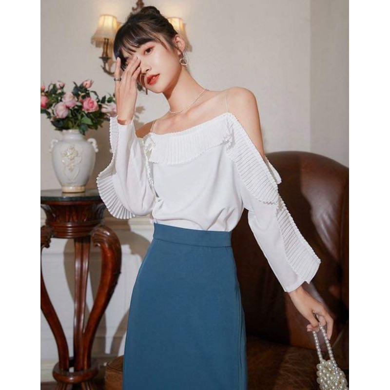 Chân váy dài midi A xanh cổ vịt xẻ đùi - M28X