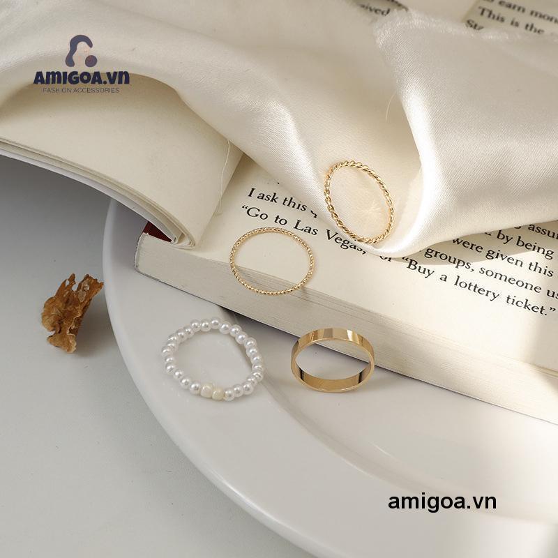 ✨✨Set 4 chiếc nhẫn bằng kim loại đính ngọc trai thiết kế hình học đơn giản thời trang Hàn Quốc
