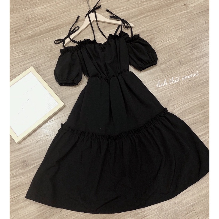 Đầm 2 dây, váy babydoll angel đen buộc nơ trễ vai Emmei v82 | BigBuy360 - bigbuy360.vn