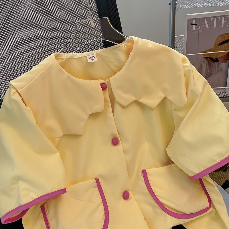 Áo Sơ Mi Tay Ngắn Phồng Ngắn Cổ Búp Bê Đính Nơ Kiểu Nhật Bản Dễ Thương Cho Nữ