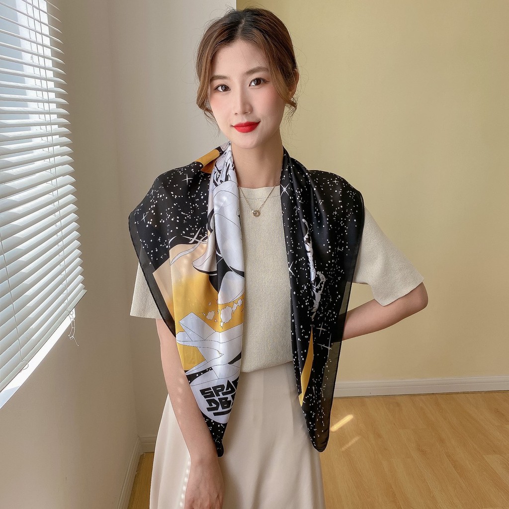 KHĂN VUÔNG QUÀNG CỔ CAO CẤP 90*90 HOẠ TIẾT ĐEN CHẤM PHA VÀNG💥SALE SỐC💥KHĂN LỤA VUÔNG CAO CẤP