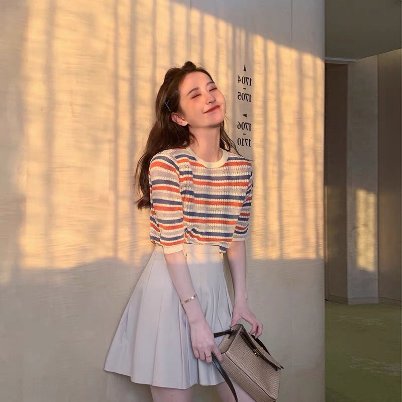 Set áo gân đũa sọc + chân váy xếp ly style hàn quốc siêu xinh