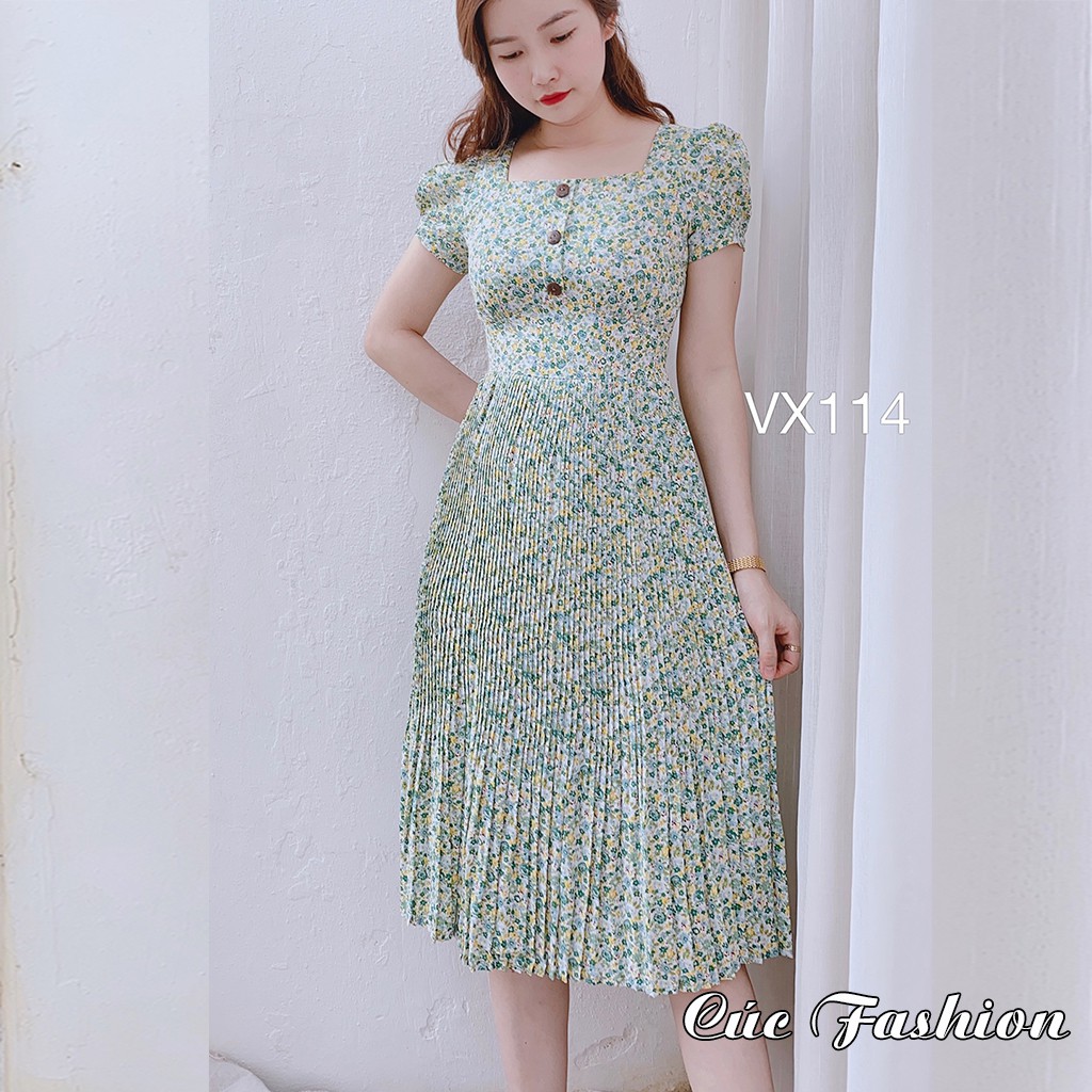 [ Mã WASTRUN4 giảm 10% tối đa 30K đơn 99K] Váy liền thân công sở cao cấp đẹp Cúc Fashion VX114 váy nữ hoa nhí cúc gỗ