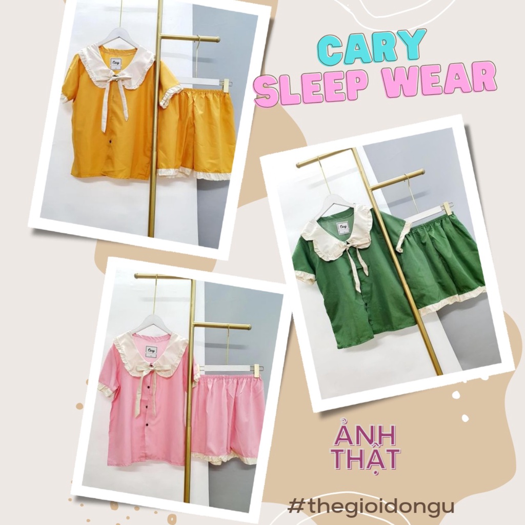 Đồ bộ pijama đùi, bộ đồ ngủ nữ mặc nhà cộc tay cổ bèo dễ thương chất liệu kate lụa CARY