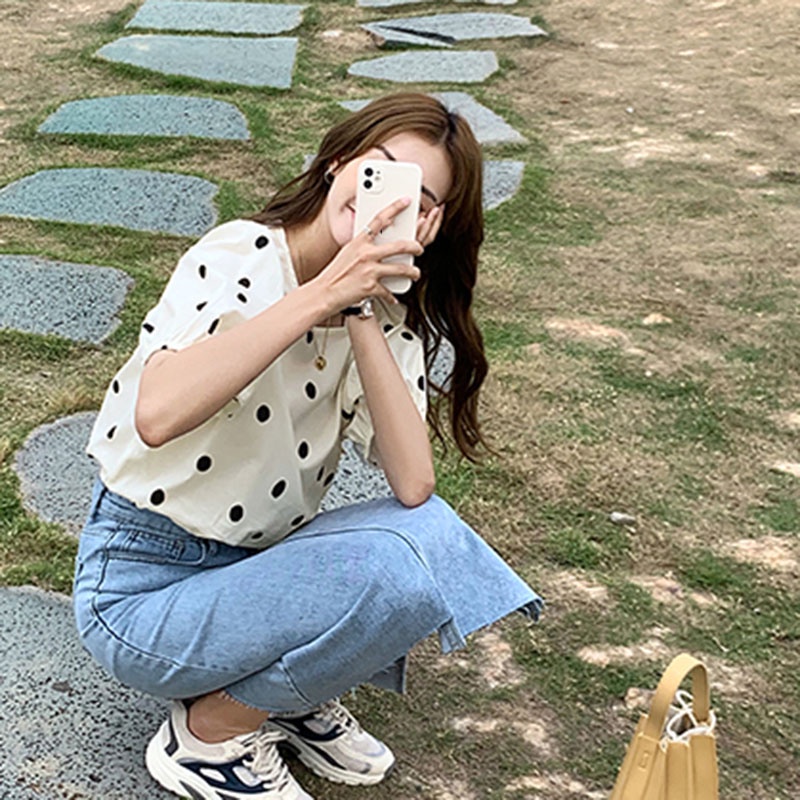 IELGY Áo Kiểu Tay Ngắn Họa Tiết Chấm Bi Dành Cho Nữ