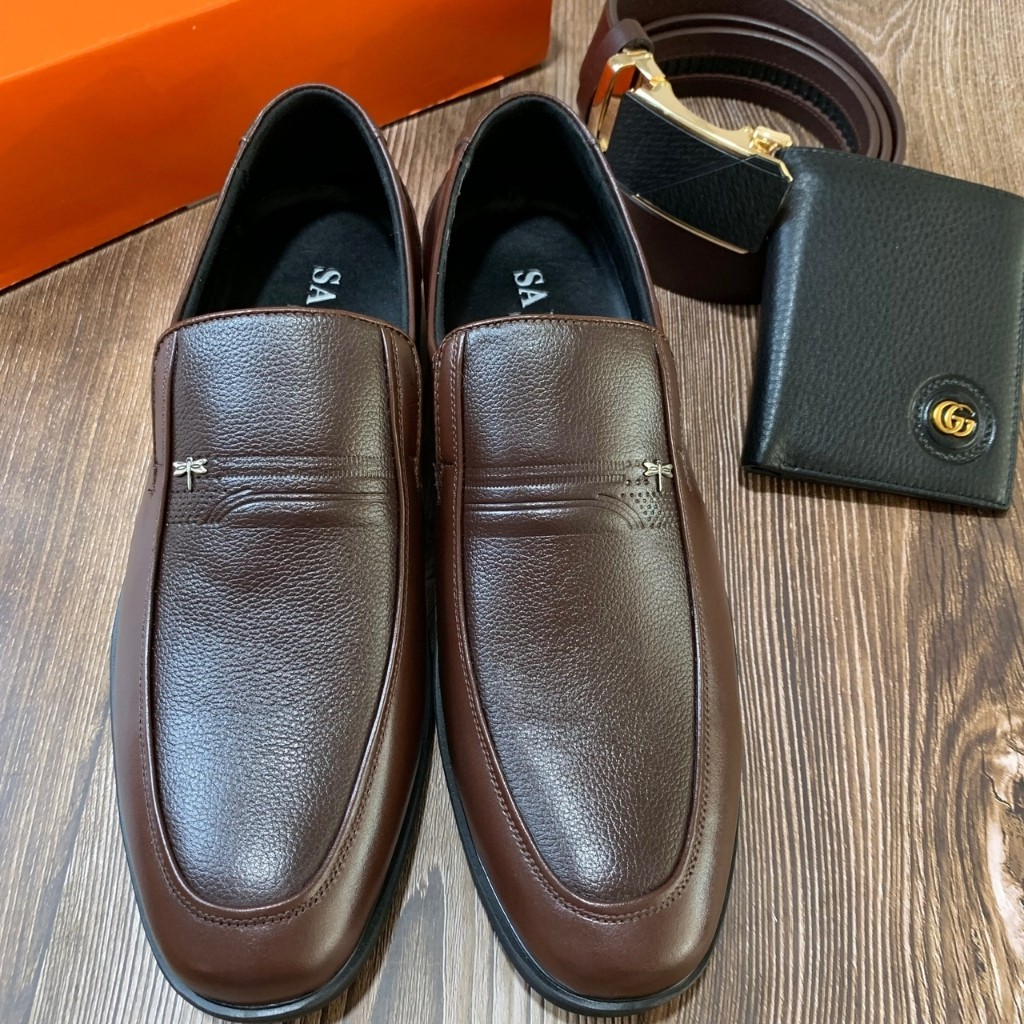 Giày nam trung niên da bò chuẩn nguyên tấm 100% màu nâu đế cao su có khâu phom chuẩn