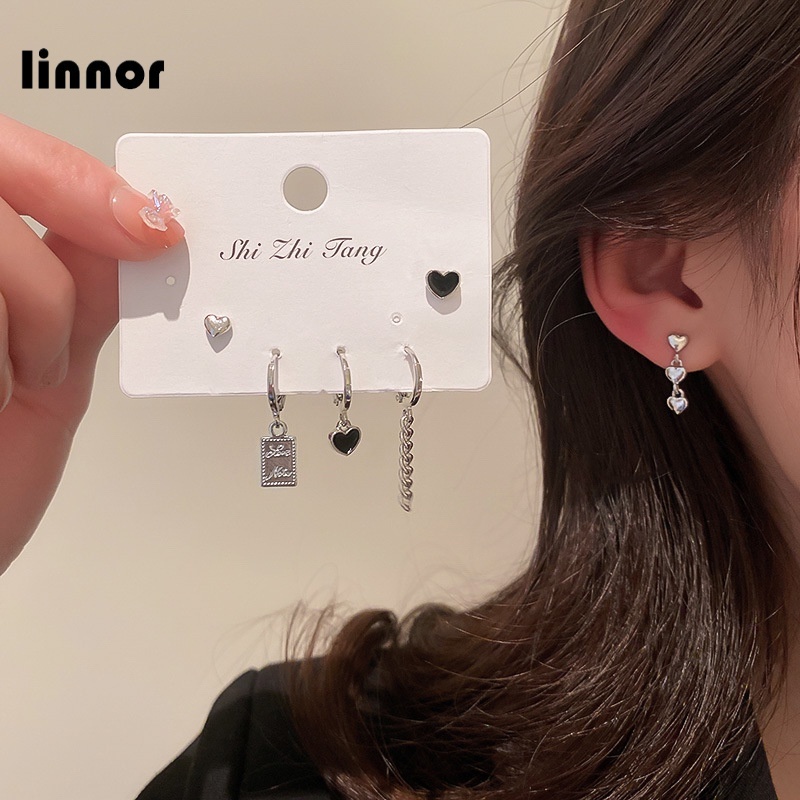 Set 3 Đôi Bông Tai Hình Trái Tim Đen Thời Trang Cho Nữ