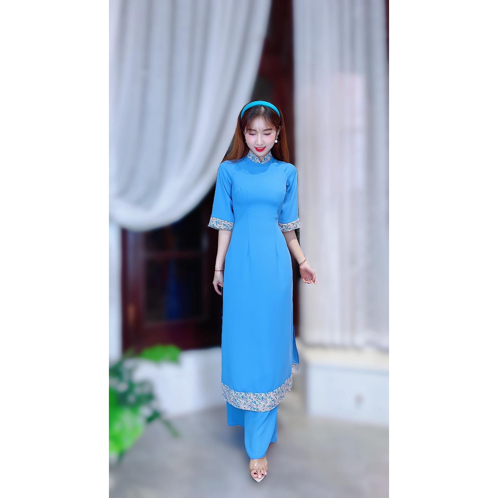 Áo dài nữ trơn cách tân kiểu tay lỡ phối viền hoa kèm quần châu tôn CHUU AD8003 F8004