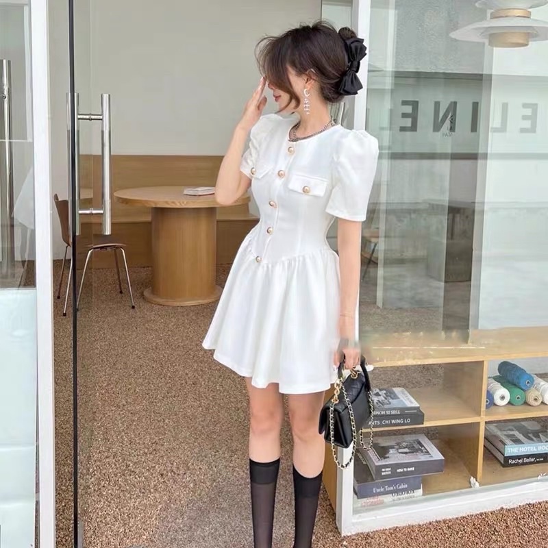 Có sẵn♥️Đầm tiểu thư dáng xoè tay bồng cúc đồng cao cấp/ Váy dự tiệc thanh lịch phong cách Hàn Quốc 2022