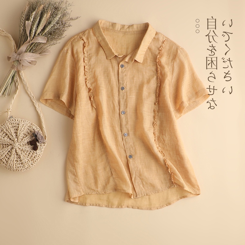 Áo sơ mi vải lanh cotton băng phối ren ngắn tay mỏng phong cách Nhật Bản