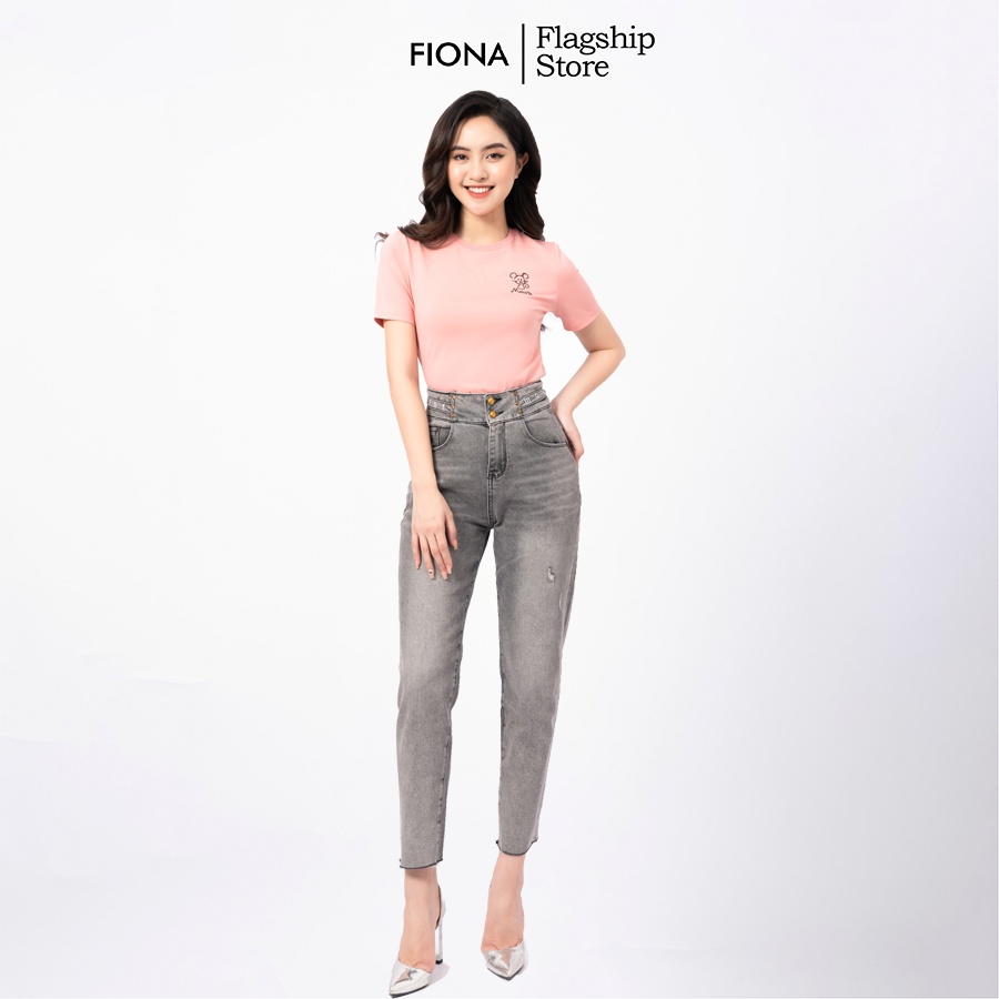 Áo thun nữ tay cộc FIONA, áo phông nữ cao cấp, áo cotton nữ thêu hình chuột trang trí F521192